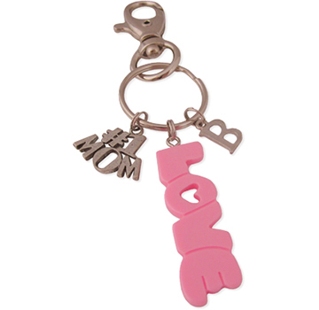 Sleutelhanger met roze love bedel, nr 1 mom en letter bedel